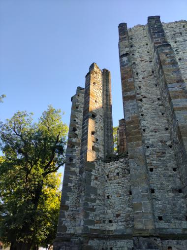 Pohled na loď chrámu zvenku. Je to kamenný gotický kostel kterému ale nedostavěli klenby a střechu, takže tu teď trčí k nebi půlkruh podivného sloupořadí plný otvorů pro trámy, ve kterých neustále sedí a halasí stovky holubů