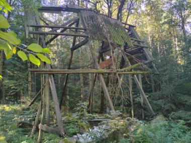 Rozpadlá dřevěná konstrukce ve tvaru A v lese